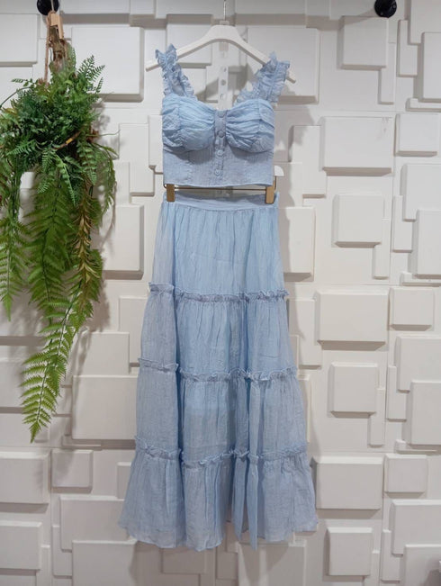 Summer Padded Crop Blouse with Tiered Long Skirts Sets